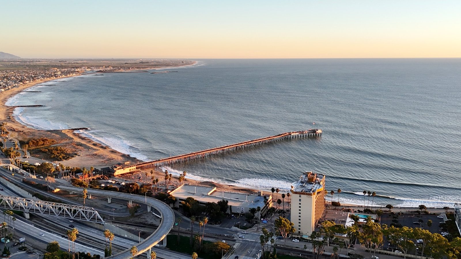 Aerial view of the Ventura County coastline and pier